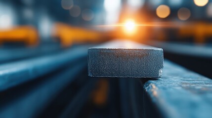 A close-up image highlighting a steel beam with a warm light reflection in the background, representing strength and industrial aesthetic in modern architecture and design.