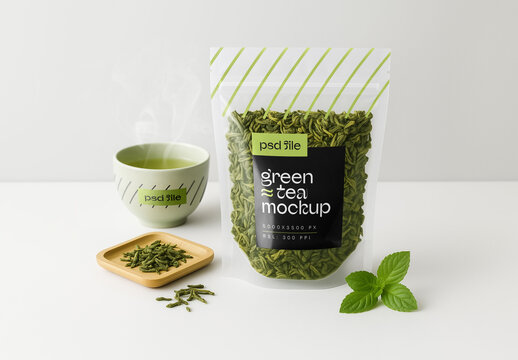 Green Tea Bag Packaging Mockup for Design and Branding Projects