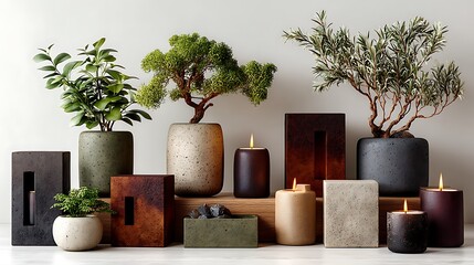 Elegant ceramic vessels with gradient finishes and burning candles in stylish display high resolution image