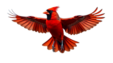 Male Northern cardinal displays vibrant red feathers with wings fully spread, showcasing distinct coloration and powerful presence