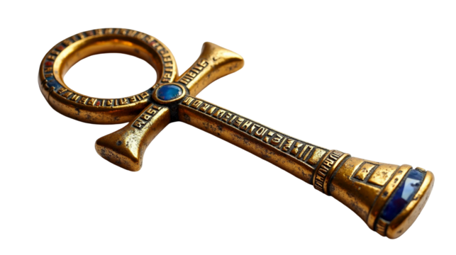 Richly decorated ancient Egyptian ankh symbol featuring gold with lapis lazuli and carnelian inlays for cultural significance