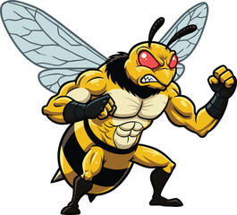 Angry muscular wasp character with red eyes, flexing arms in fighting pose, cartoon insect warrior, strong bee mascot illustration