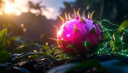 A vibrant sci-fi fruit with glowing vines and spiky skin rests on jungle foliage under a warm sunset light, blending nature with futuristic fantasy elements.