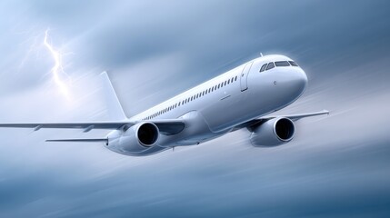 Passenger plane flying past lightning
