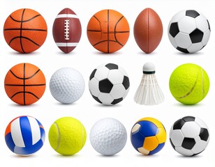 sport 3D vector icon set._soccer ball,rugby ball,basketball,shuttlecock,golf ball,sno
