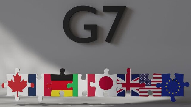 Flags of G7 nations are arranged as puzzle pieces, symbolizing unity and collaboration. The display emphasizes global partnerships and diplomatic relationships among major economies. 3D animation.