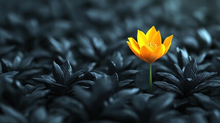 A vibrant yellow flower stands out amidst a sea of black leaves, creating a striking contrast in this surrealistic image.