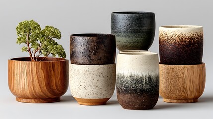 Elegant handmade mugs with matte glaze and raw texture displayed together high resolution image