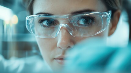 This image captures a focused scientist wearing protective eyewear, highlighting determination and the importance of safety in a lab environment for research and discovery.