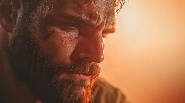 A dramatic close-up portrait of a thoughtful man showcasing intense emotions through his facial expressions and captivating details, enhanced by the warm light and shadow play.