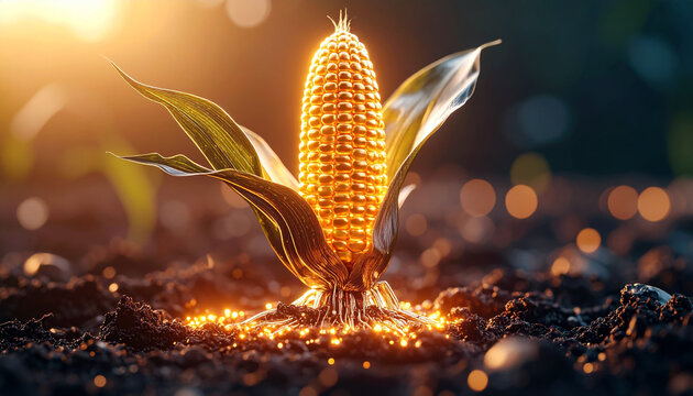 A golden corn plant with glowing kernels and digital energy effects growing from soil, blending nature with futuristic technology in warm sunrise lighting.