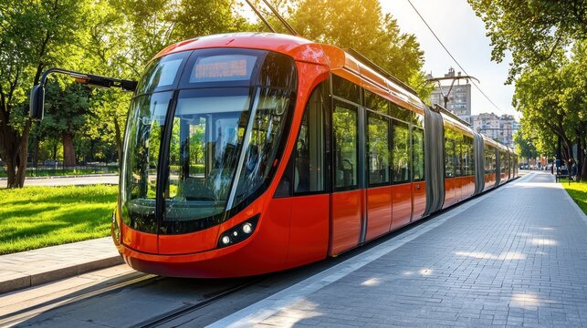 A modern, sleek orange tram on a city street, surrounded by green trees and a clear blue sky.