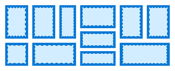 Collection of wavy-edged rectangular stamp templates in blue colors. Scallop frames, zigzag shapes, decorative borders.