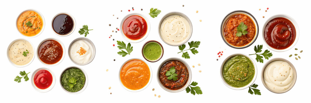 Set for Assortment of sauces and dips isolated on transparent background, PNG