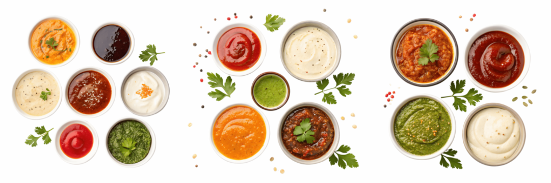 Set for Assortment of sauces and dips isolated on transparent background, PNG
