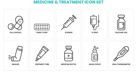 Essential Medicine and Treatment Icon Set for Healthcare, Pharmaceuticals, Medical Procedures, and Patient Care Illustrations