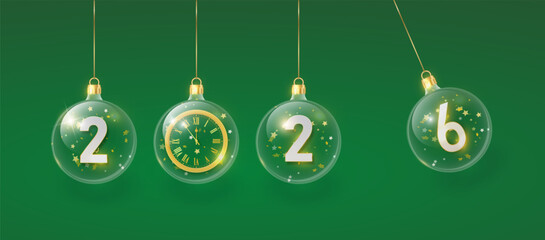 2026 gold metal number for New Year . Festive Christmas banner with falling confetti on bright background. Realistic Golden 3d number. Vector