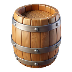 Light Brown Wooden Barrel with Three Metal Bands and Silver Studs Isolated on a transparent background