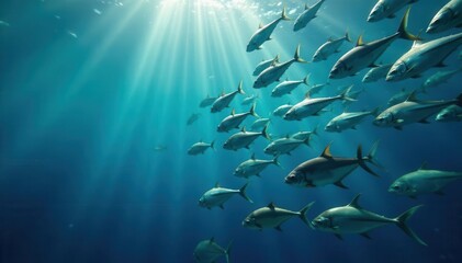 Dense school of silvery fish, sparkling in sunlit ocean, marine, sunlight, ocean scenery