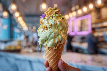National Ice Cream Day: Hand Holding Overfilled Waffle Cone with Dripping Pistachio Gelato on Marble Counter