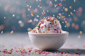 National Ice Cream Day: Macro Shot of Jewel-Toned Sprinkles in White Ceramic Bowl | Colorful Dessert Detail