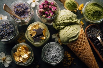 National Ice Cream Day: Overhead Shot of Artisanal Ice Cream Bar with Miniature Glass Topping Jars | Gourmet Dessert Spread