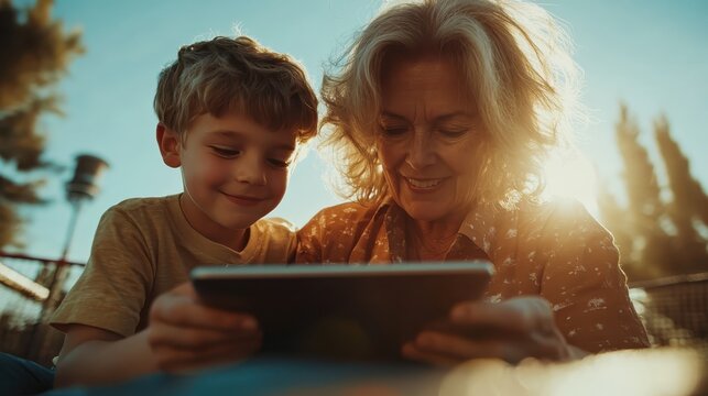 A heartfelt moment shared between a grandmother and her grandson as they joyfully interact with a tablet, capturing the essence of family bonding and happiness in a sunny environment. - Powered by Adobe