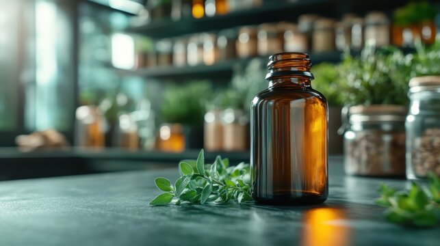 A beautifully lit amber glass bottle sits on a counter, surrounded by lush greenery and jars of herbs, epitomizing natural beauty and wellness in a vibrant workshop atmosphere.