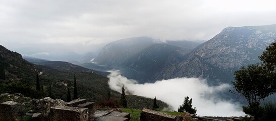 Foggy Morning in the Mountains of Delphi, Greece – Ancient Stones and Majestic Landscape