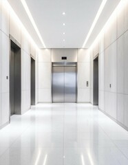 Modern office corridor with glass walls and elevator in a contemporary building