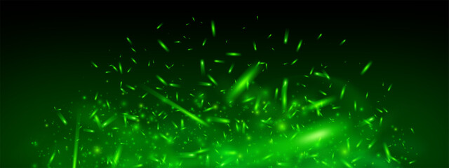 Obraz premium Green magic fire and glowing sparks with flame and toxic fog. Dark fantasy background with flying particles, neon glow, bokeh and ember effect. Abstract festive vector texture with energy burst.