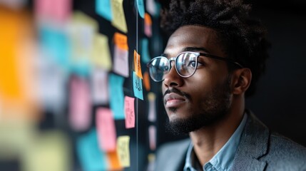A focused man in glasses gazes at a wall filled with colorful sticky notes, symbolizing creativity, organization, and dynamic brainstorming in a collaborative space.