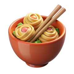 Orange Bowl of Yellow Noodles with Chopsticks and Green Garnish isolated on a transparent background