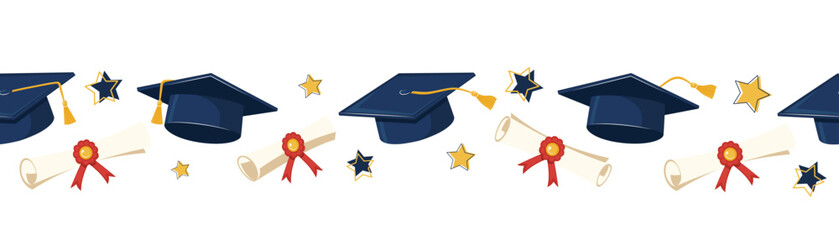 Graduation Cap With Diploma Scrolls And Stars. Horizontal Seamless Border. Banner Education Celebration Concept For Poster And Invitation. Vector Illustration.