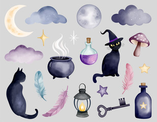 Watercolor magical halloween set in mystical style for spooky creative projects and dark fantasy design