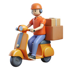 Orange Scooter Delivery Man Cartoon 3 D Model Riding Packages Isolated on a transparent background image