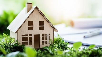 A wooden house model on a green grassy surface with a blurred background.