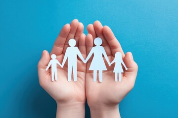 Hands grasping a paper cutout of a family representing social distancing during COVID 19 on a blue background for family safety