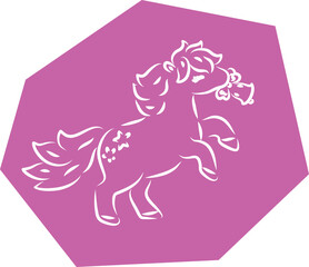 Cute happy little pony horse joyfully rings a small bell which he holds in his mouth, hand drawn with brush white outlines on purple polygonal background