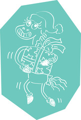 Funny smiling grinning horse in a Christmas hat holds a gift box with a bow in his hands and runs funny on his legs, hand drawn with a brush white outlines on a green polygonal background