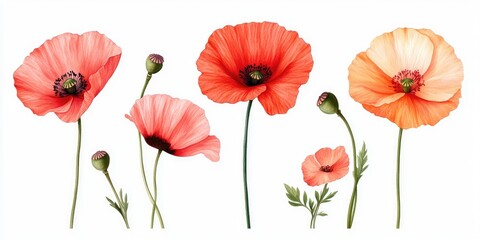 Obraz premium Watercolor Poppies in Various Shades of Orange and Pink