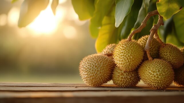 A captivating close-up of fresh durian fruits nestled among greenery, emphasizing their unique and spiky exterior that radiates natural beauty and tropical allure. - Powered by Adobe