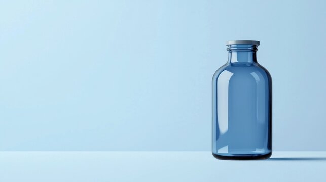 A blue glass medical bottle with a metal cap on a light blue background.