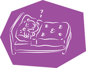 Cute little pony sleeping sweetly on bed under blanket, hand drawn with brush white outlines on purple polygonal background