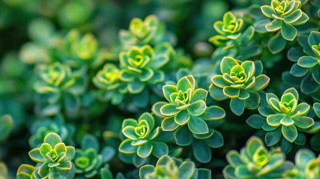 A close-up of a green succulent plant with yellow edges, set against a blurred green background.