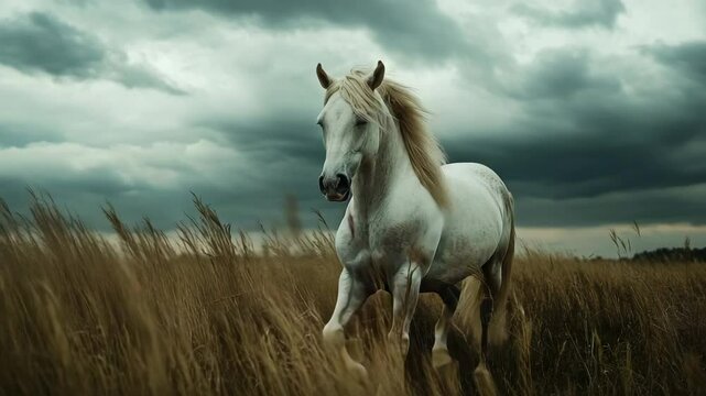 Majestic White Horse Galloping through Tall Grass Field