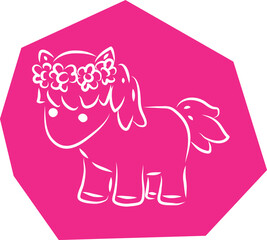 Cute little pony standing with wreath of flowers on head, hand drawn with brush white outlines on pink polygonal background