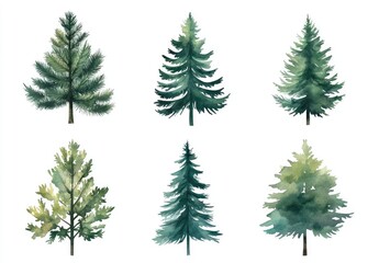 Watercolor style illustration of six evergreen trees