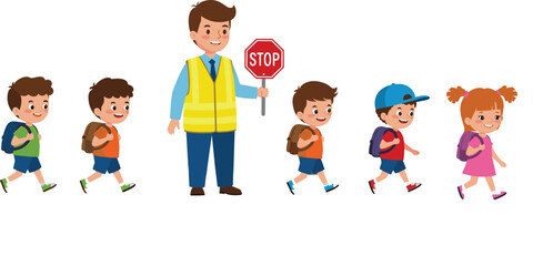 Group of school children crossing road with safety guard, cartoon crossing illustration, child pedestrian safety, back to school, road safety education, kids walking with stop sign.