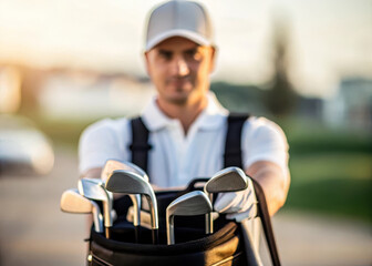 Man in white polo shirt and cap holds golf bag filled with clubs outdoors, with blurred background and warm sunlight, expressing focus and readiness for game